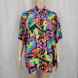Whistles Silk Vintage Neon Colorful Tropical Floral Shirt Blouse Button Down